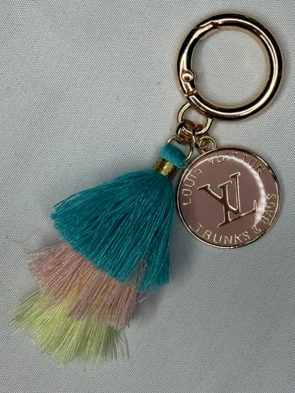 Teal, Pink & Yellow Tassel Keyring Charm w/ upcycled Louis Vuitton Medallion